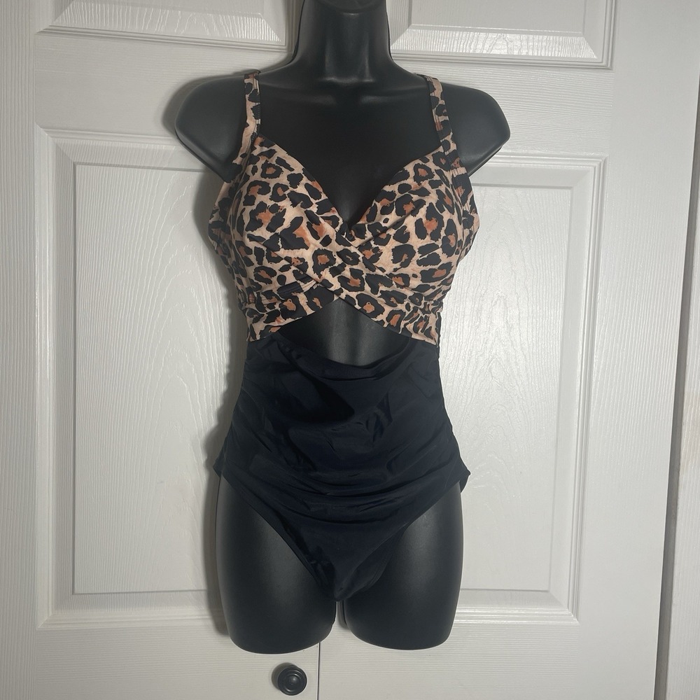 EoMenie Swimsuit Women Medium Black Brown Animal Print Padded‎ Cups Bathing NWT